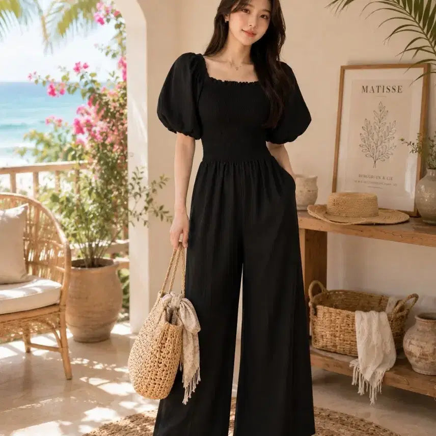 [BUNJANG] Square Neck Puff Sleeve Black Jumpsuit / 스퀘어넥 퍼프소매 블랙 점프수트