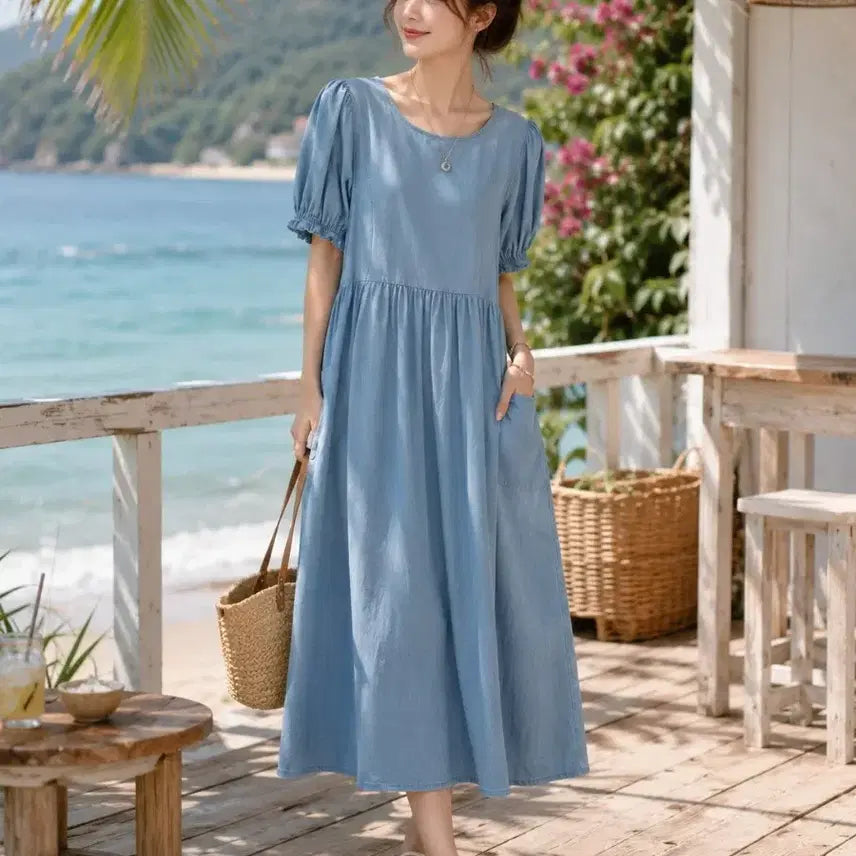 [BUNJANG] Plastic Island Light Blue Puff Sleeve Long Dress / 플라스틱 아일랜드 원피스