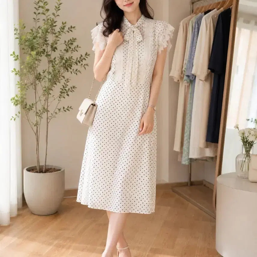 [BUNJANG] Polka Dot Lace Midi Dress / 땡땡이 레이스 원피스