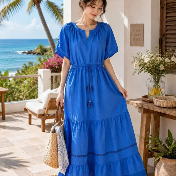 [BUNJANG] French Style Ruffle Maxi Dress - Blue / 프렌치 스타일 캉캉 원피스 블루