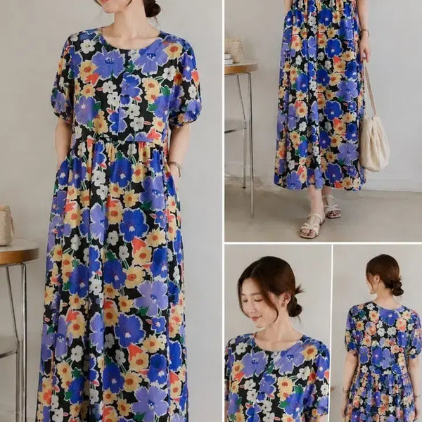 [BUNJANG] Floral Puff Sleeve Long Dress / 꽃무늬 퍼프 반팔 롱 원피스. 고급