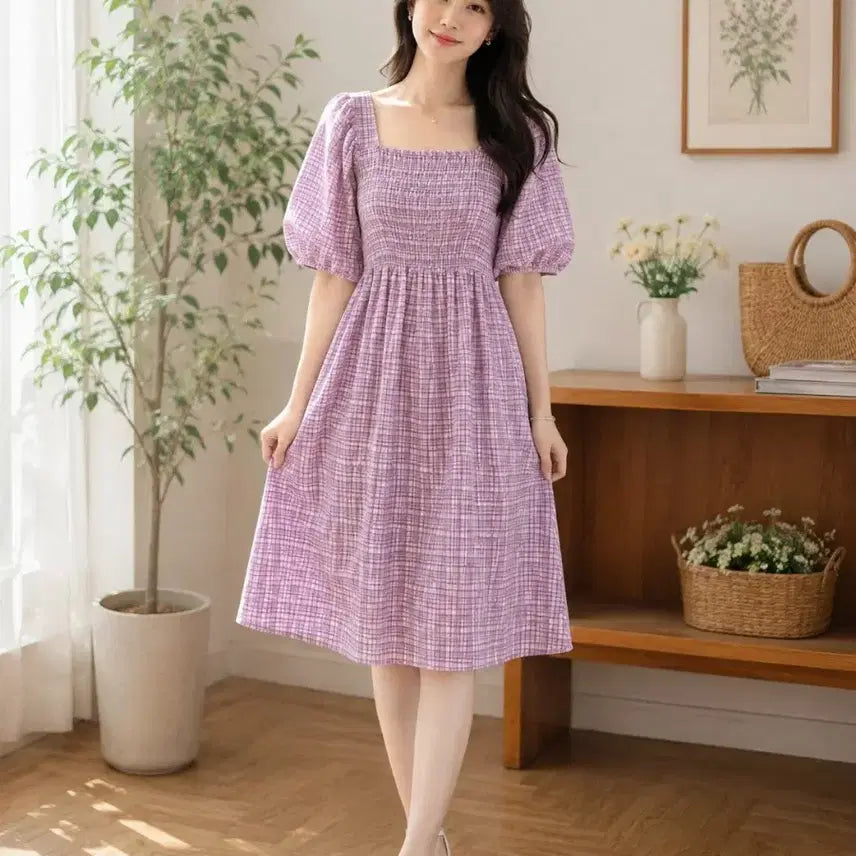 [BUNJANG] Purple Check Square Neck Puff Sleeve Dress / 퍼플 체크 스퀘어넥 퍼프소매 원피스