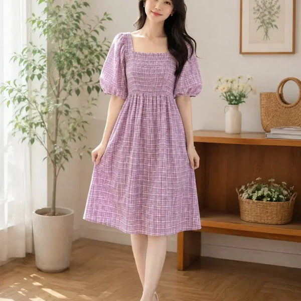 [BUNJANG] Purple Check Square Neck Puff Sleeve Dress / 퍼플 체크 스퀘어넥 퍼프소매 원피스