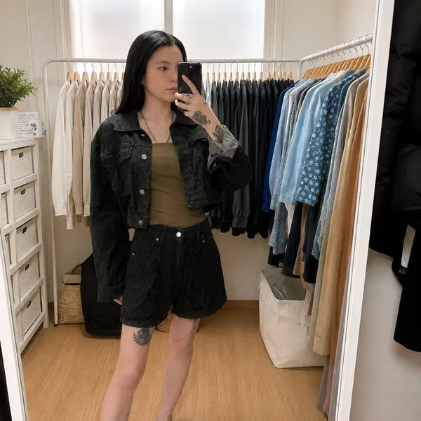 [BUNJANG] Quilted Denim Crop Jacket & Shorts Set Black / 블랙컬러 퀼팅 데님 크롭 자켓 & 숏팬츠 세트
