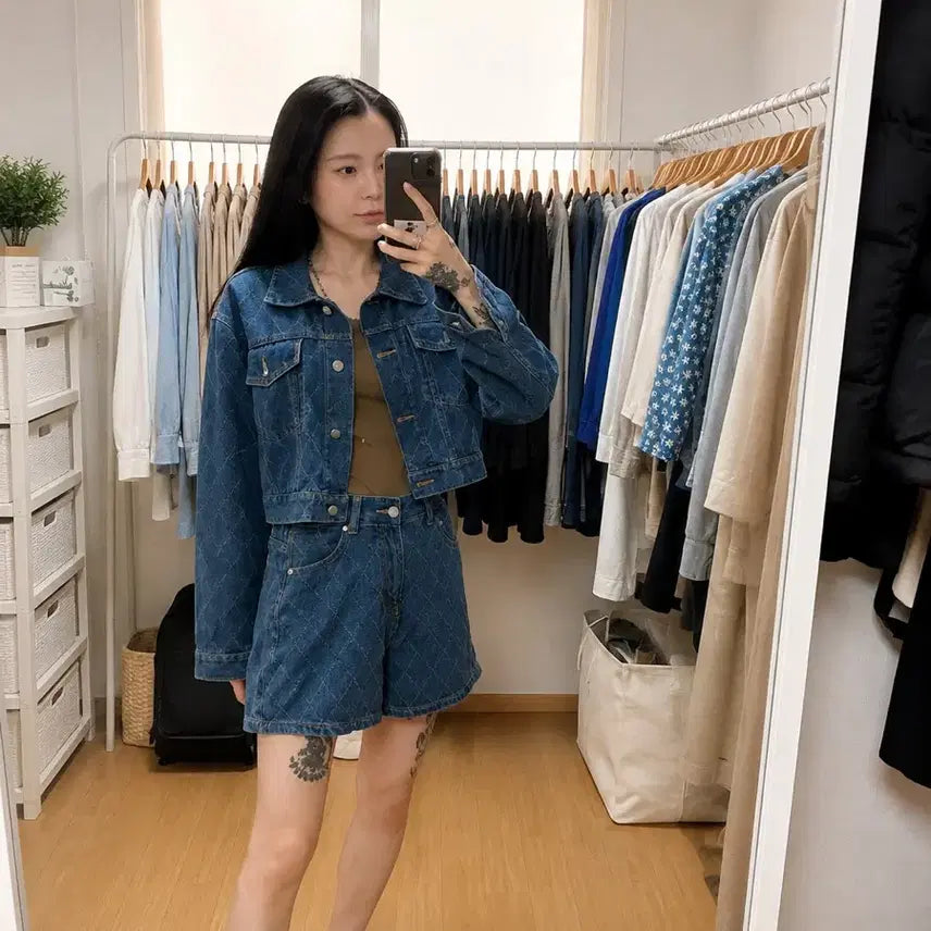 [BUNJANG] Denim Quilting Jacket & Shorts Set / 진청 컬러 데님 퀼팅 자켓 & 숏팬츠 세트