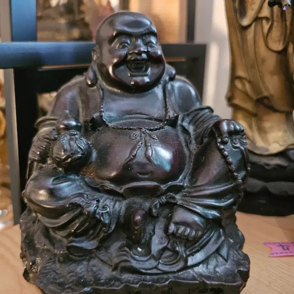 [BUNJANG] Korean Traditional Wood Carving "Budai" Buddha Statue with Children, "Zhao Cai Jin Bao" Inscription / 소장품 정리 -  초재진보 목조 포대화상 미륵불상,동자 조각 14cm