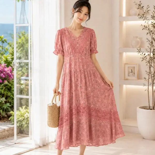 [BUNJANG] Floral Print V-Neck Ruffle Maxi Dress Pink / 꽃무늬 브이넥 캉캉 원피스 핑크