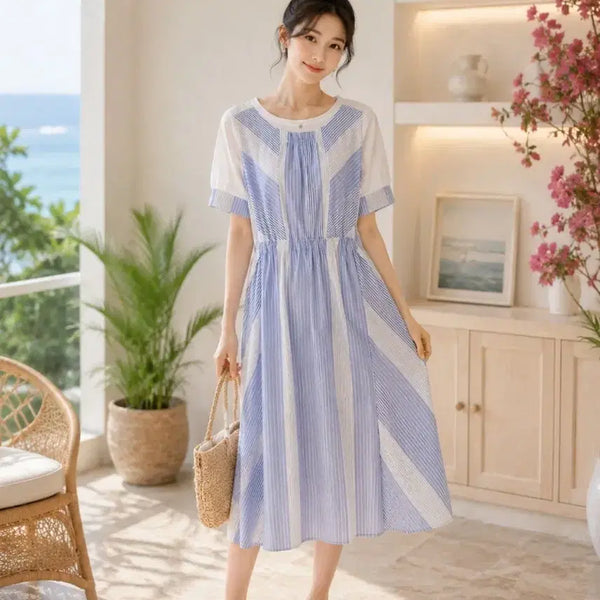 [BUNJANG] Stripe Pattern Short Sleeve Midi Dress / 스트라이프 패턴 반팔 원피스