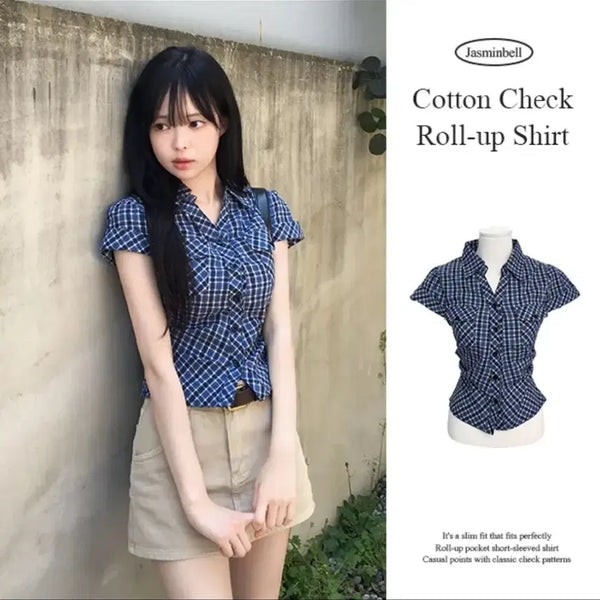 [BUNJANG] Jasminebel Cotton Check Short-Sleeve Shirt / 자스민벨 코튼 체크 반팔 셔츠