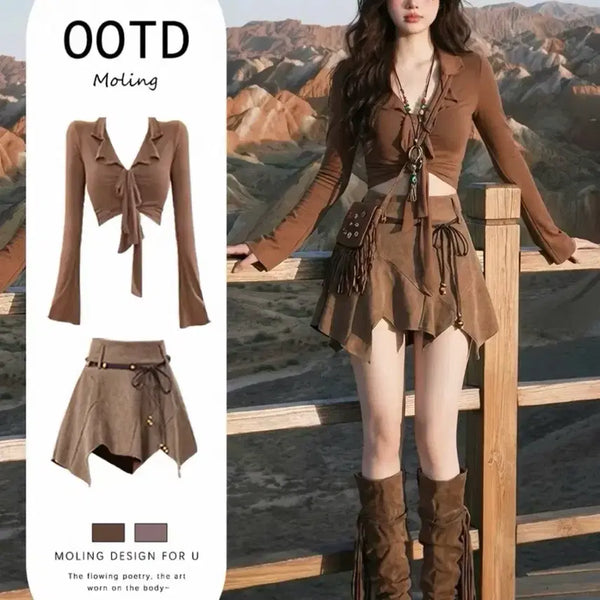 [BUNJANG] Vintage Brown Crop Top & Asymmetrical Skirt Set / 여행룩 빈티지 브라운 크롭티 & 언발 스커트 세트