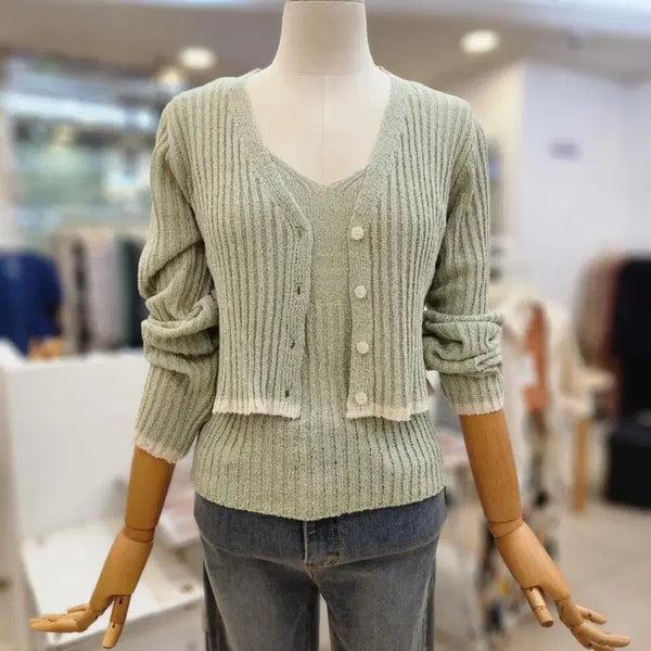 [BUNJANG] V-Neck Ribbed Cardigan and Camisole Set - Mint / 새제품)브이넥골지 가디건 나시 세트 민트 (free)