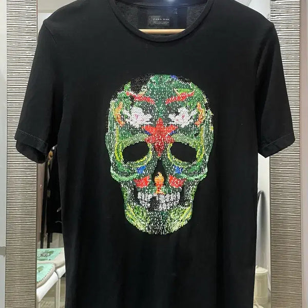 [BUNJANG] ZARA MAN Skull Sequin Short Sleeve T-Shirt (Size S) / ZARA MAN 스컬 시퀸 반팔티 S/36