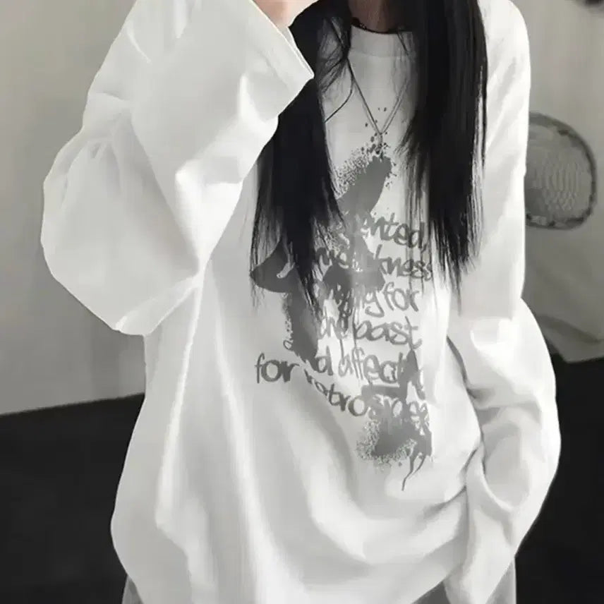 [BUNJANG] White Long-Sleeve T-Shirt with Graphic Print / 긴팔 티셔츠 화이트