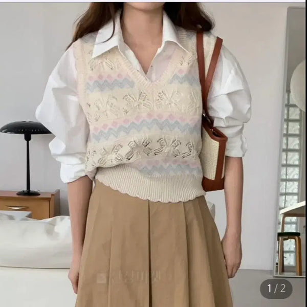 [BUNJANG] Ivory Patterned V-Neck Knit Vest / 새제품)스카시 브이넥 물결 니트 조끼 .아이보리 패턴 니트 조끼