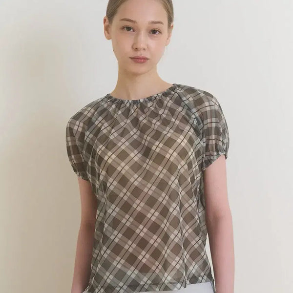 [BUNJANG] Pesto Sheer Check Blouse T-Shirt / 페스토 쉬어 체크 블라우스 티셔츠