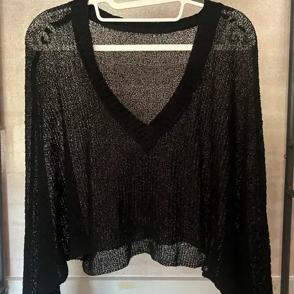 [BUNJANG] V-Neck See-Through Knit - Black / 브이넥 시스루 니트