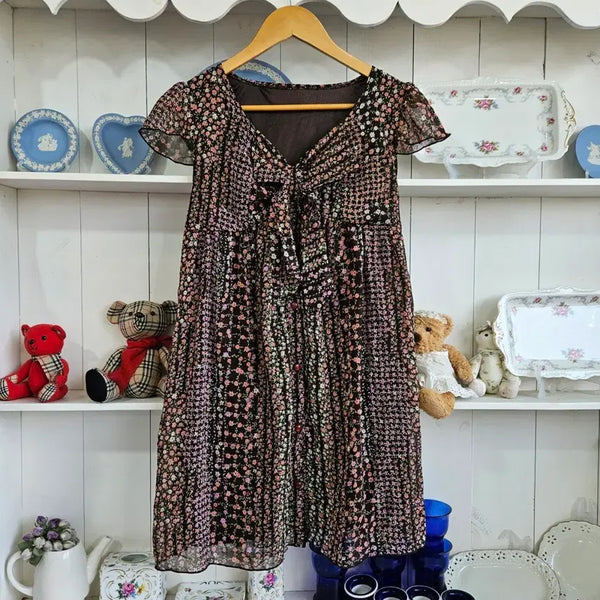 [BUNJANG] Flower Chiffon Ribbon Dress / 플라워 쉬폰 리본 원피스