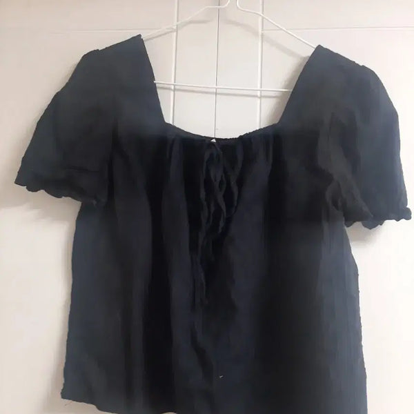 [BUNJANG] Puff Sleeve Square Neck Cotton Blouse - Black / 퍼프 소매 스퀘어넥 코튼 블라우스 검정