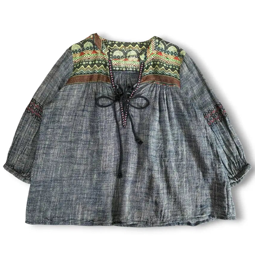 [BUNJANG] Linen Ethnic Embroidered Bohemian Blouse M / 린넨 에스닉 자수 보헤미안 블라우스 M