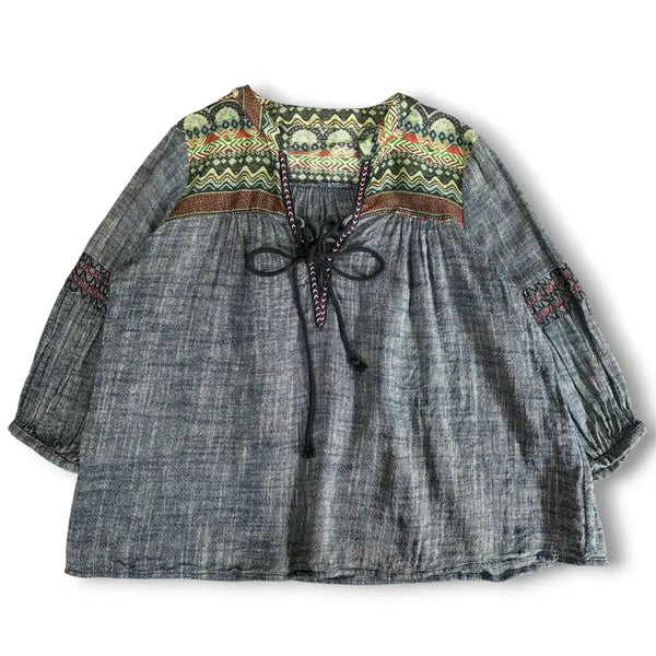 [BUNJANG] Linen Ethnic Embroidered Bohemian Blouse M / 린넨 에스닉 자수 보헤미안 블라우스 M