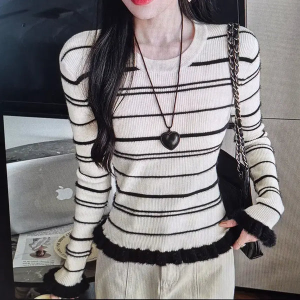 [BUNJANG] Stripe Knit Top with Fur Trim / (해외배송)스트라이프 니트 퍼 트리밍 2컬러