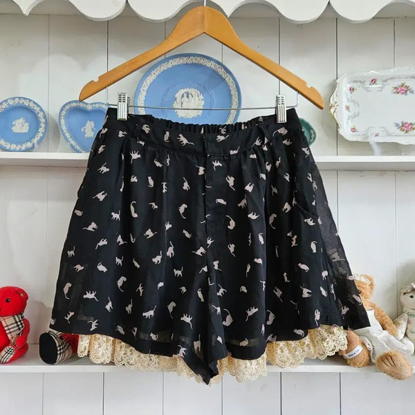 [BUNJANG] A.R.W Cat Print Lace Culottes Pants / A.R.W 고양이 프린트 레이스 큐롯팬츠