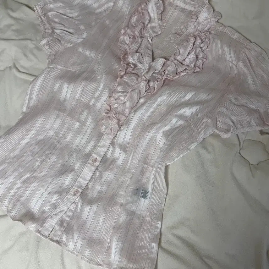[BUNJANG] Vintage Pink See-through Stripe Puff Sleeve Blouse / 빈티지 핑크색 시스루 스트라이프 퍼프 소매 블라우스