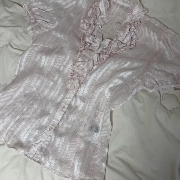 [BUNJANG] Vintage Pink See-through Stripe Puff Sleeve Blouse / 빈티지 핑크색 시스루 스트라이프 퍼프 소매 블라우스