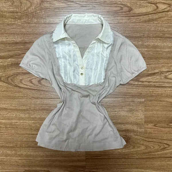 [BUNJANG] Vintage Layered Short Sleeve Blouse Shirt / 빈티지 레이어드 반팔 블라우스 셔츠 히메갸루 로걀 라떼 오네갸루 오리엔탈 모리걸 발레코어 스나계 헤이세이 아오이유우 하구미깔 페어리 그런지  긱시크 고딕 와투케