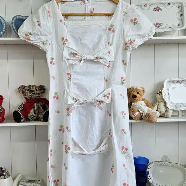 [BUNJANG] Cherry Ribbon Cotton Dress / 체리 리본 코튼 원피스