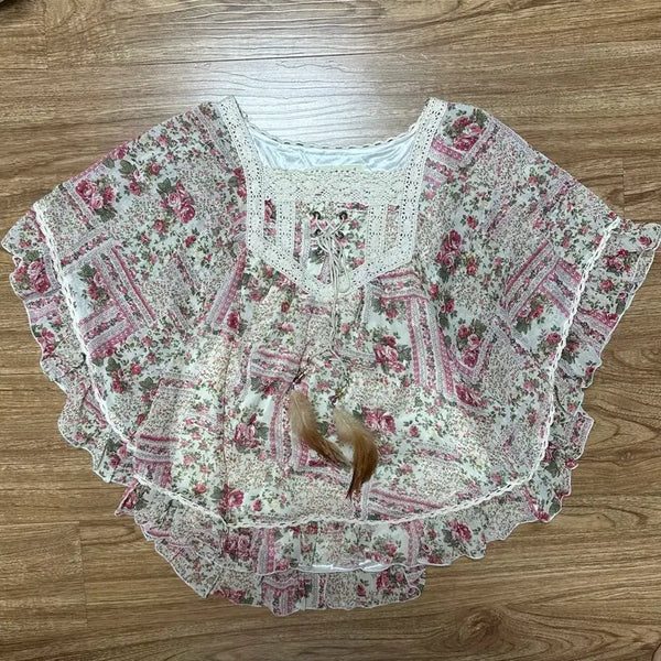 [BUNJANG] Vintage Pink Flower Patchwork Cape Cloak Blouse / 빈티지 핑크 플라워 패치워크 케이프 망토 블라우스 히메갸루 로걀 라떼 오네갸루 오리엔탈 모리걸 발레코어 스나계 헤이세이 아오이유우 하구미깔 페어리 그런지  긱시크 고딕 와투케