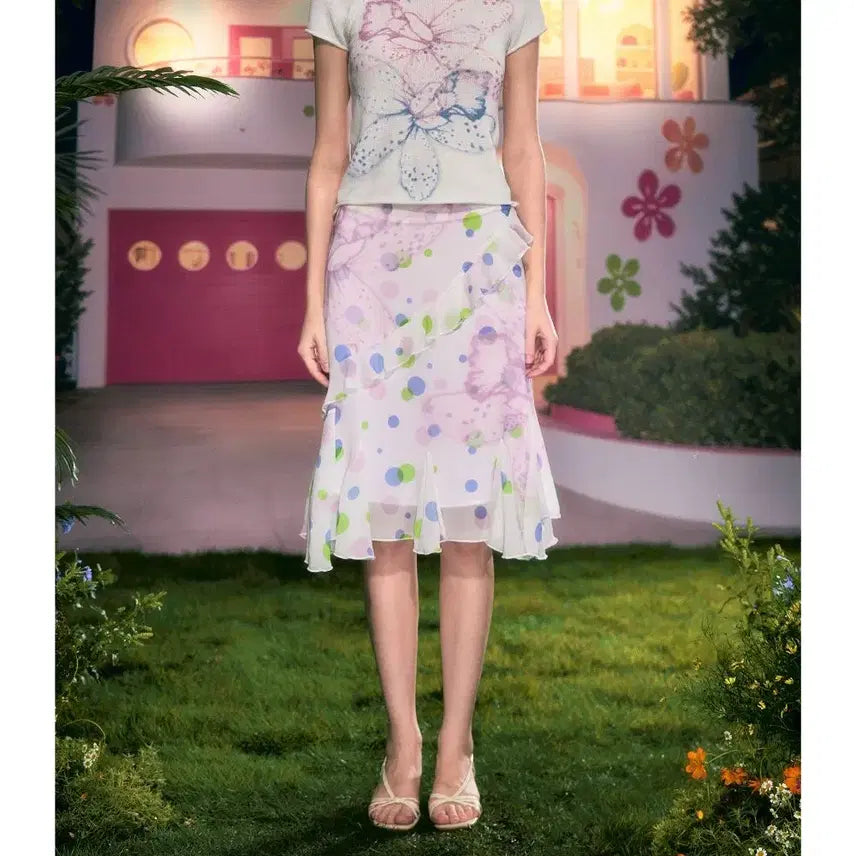[BUNJANG] DeleteEX Retro Dot Gradient Floral Chiffon Skirt / DeleteEX 레트로 도트 그라데이션 플로럴 시폰 스커트