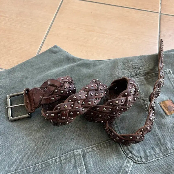[BUNJANG] Vintage Studded Woven Leather Belt / 빈티지 스터드 위빙레더벨트