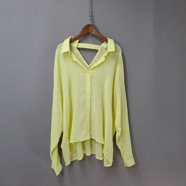 [BUNJANG] Yellow Open Shoulder Neck Slit Cotton Shirt / 옐로우 오픈숄더 넥트임 아사면 셔츠