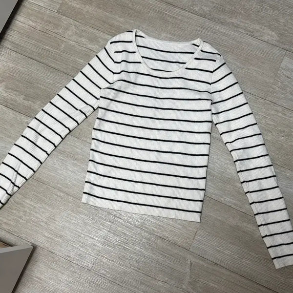 [BUNJANG] Stripe Knit Sweater / 스트라이프 단가라 아이보리 니트