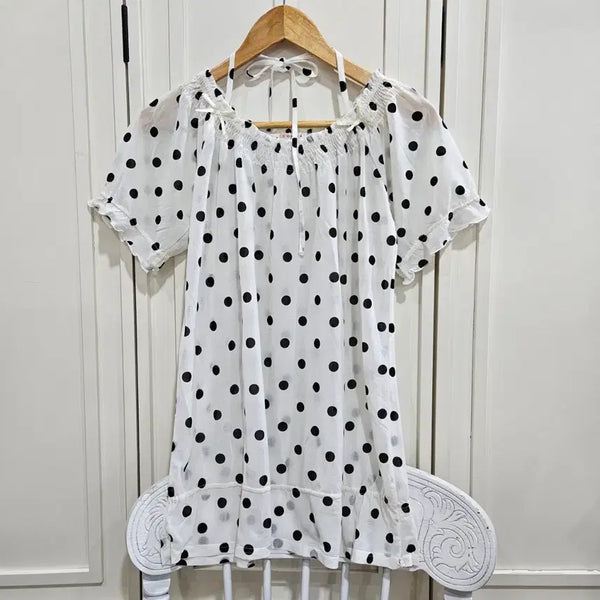 [BUNJANG] COLZA Polka Dot Off-Shoulder Long Blouse / COLZA 도트 패턴 오프숄더 롱 블라우스