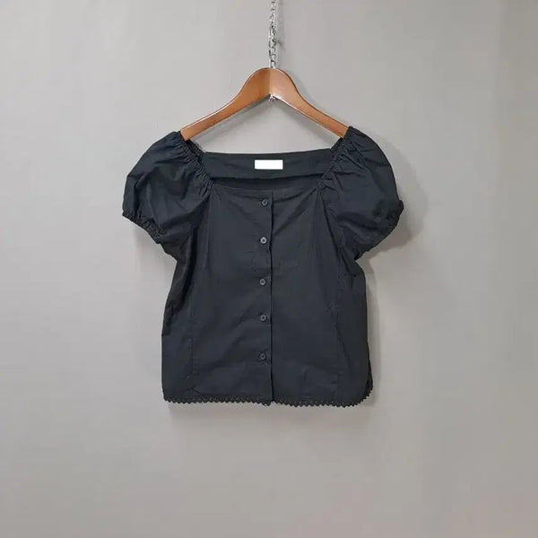[BUNJANG] Black Square Neck Puff Short Sleeve Blouse / 블랙 스퀘어넥 퍼프 반팔 블라우스
