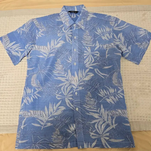 [BUNJANG] Aloha Hawaiian Shirt Blue Leaf Pattern / 알로하 화와이안 모시 셔츠 블루 잎사귀 패턴