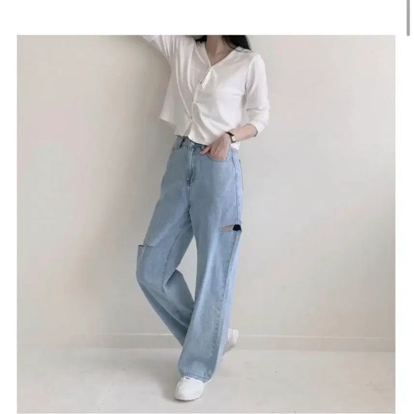 [BUNJANG] Light Wash Cut-off Denim Wide Pants / 연청 컷팅 데님 와이드 팬츠