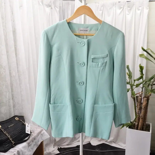 [BUNJANG] Vintage Pastel Mint Nu-Kira Covered Button Jacket / 빈티지 파스텔 민트 노키라 싸개버튼 자켓 2280