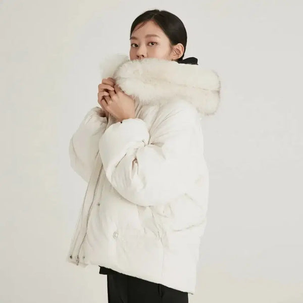 [BUNJANG] LAP Fox Fur Cropped Padded Jacket Cream / Lap 폭스퍼 밑단 스트링 패딩 오프 화이트 AM4PDB60, 랩 사가퍼 크림 숏패딩