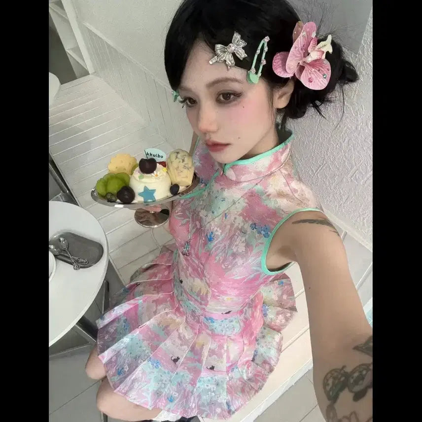 [BUNJANG] Pastel Watercolor Cheongsam Dress (Cat's Dream) / 파스텔 수채화 치파오원피스 (고양이의 꿈) 묘몽치파오