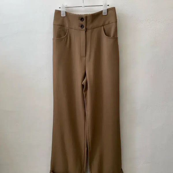 [BUNJANG] Women's Brown Wide Leg Long Slacks with Back Elastic and Roll-up Detail / 새상품 뒷밴딩 롤업 와이드 브라운 봄 가을 롱슬랙스