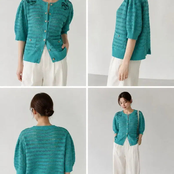 [BUNJANG] TIME 2022 Mint Green Crochet Knit Cardigan / [드라이완료] 22년 타임(TIME) 민트 그린 크로쉐 니트 가디건 (90/F)