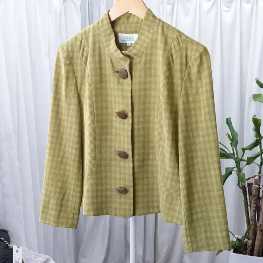 [BUNJANG] Vintage Olive Mustard Check Mandarin Collar Cropped Jacket / 빈티지 올리브 머스타드 체크 차이나카라 숏 자켓 2281