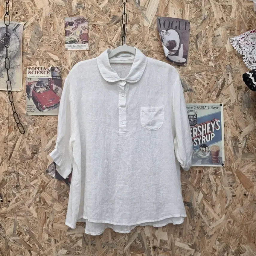 [BUNJANG] Round Collar Short Sleeve Linen Blouse / 둥근카라 반팔 린넨 블라우스 F 88까지~