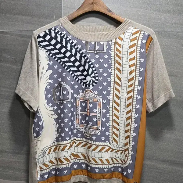 [BUNJANG] Keep chel Scarf Print Knit Short Sleeve FREE / Keep chel 키첼 ,  스카프 프린트 니트반팔 F , 거의 새상품