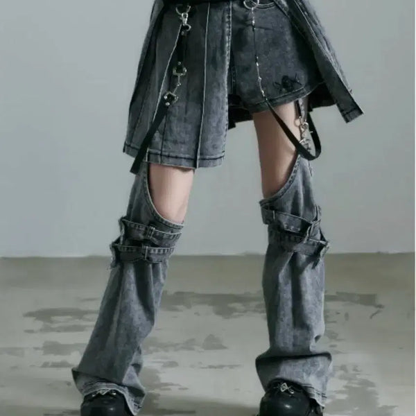 [BUNJANG] REFLEM Layered Denim Shorts with Leg Warmers / REFLEM 레플렘 레그워머 포함 레이어드 데님 숏팬츠