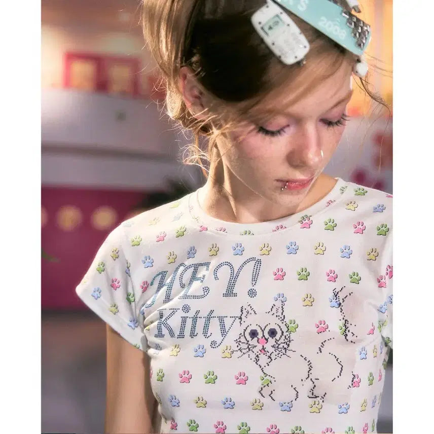 [BUNJANG] DeleteEX Rhinestone Full Print Kitsch Slim Short Sleeve T-Shirt / DeleteEX 고양이 라인스톤 풀프린트 키치 슬림 반팔티