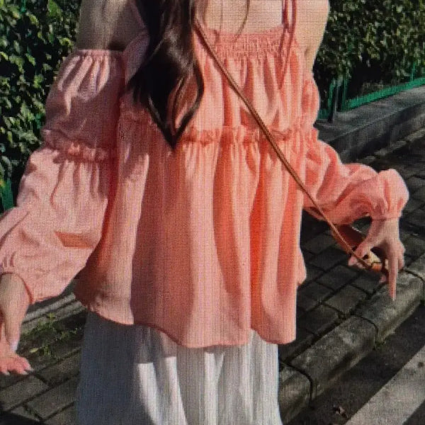 [BUNJANG] Off-Shoulder Strap Blouse - Pink/White / (해외배송)오프숄더 끈나시 블라우스 핑크/화이트